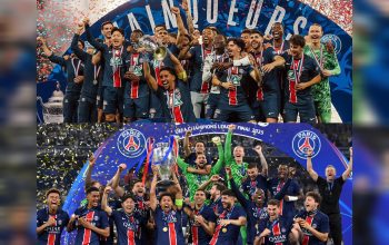 Pemain PSG merayakan kemenangan 5-0 atas Inter Milan di final Liga Champions 2024/2025 di Allianz Arena
