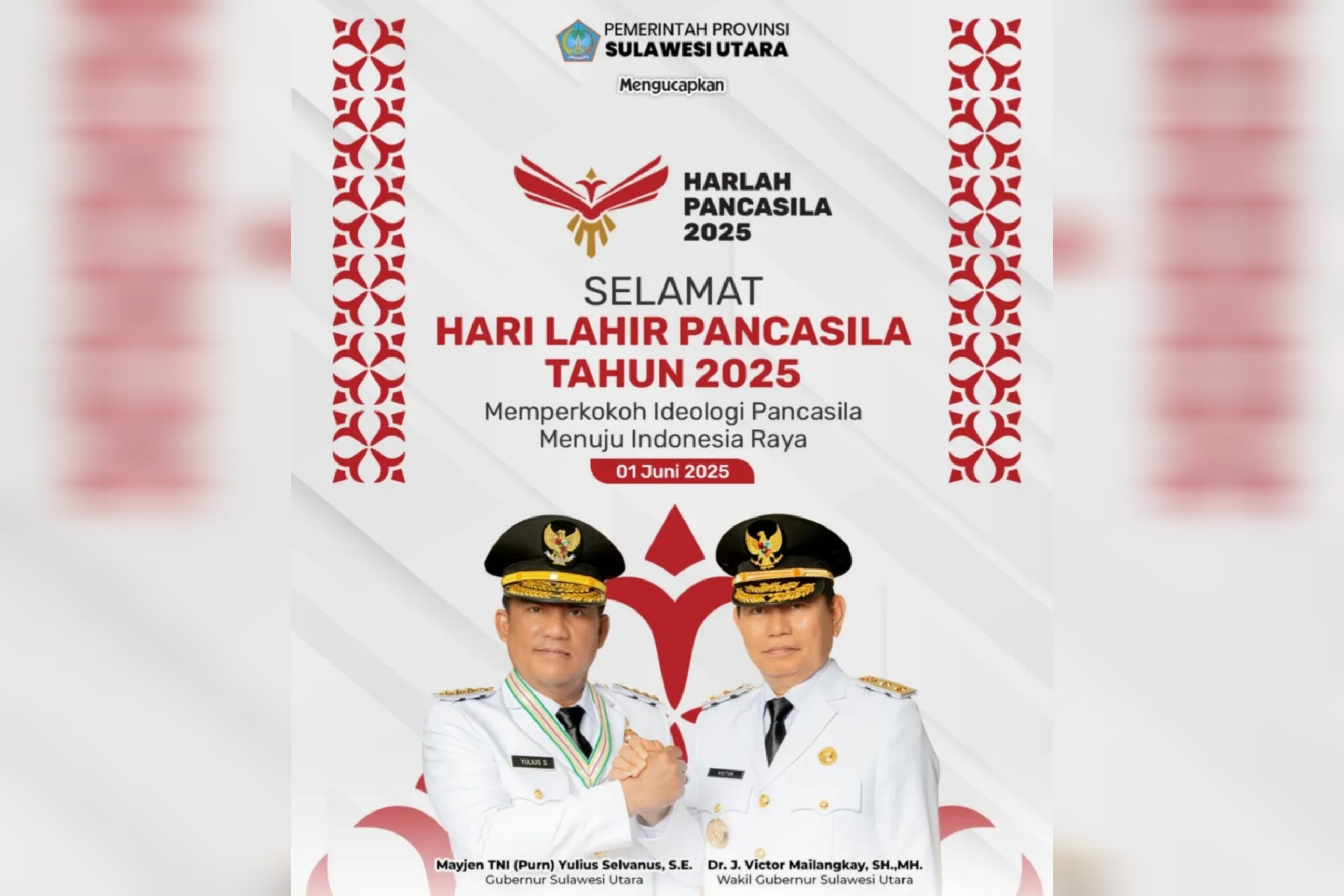 Gubernur Sulawesi Utara Yulius Selvanus menyampaikan pidato peringatan Hari Lahir Pancasila 2025 dengan latar belakang bendera Merah Putih dan simbol Garuda Pancasila.