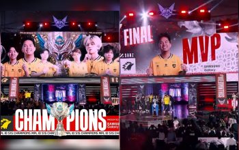 Pemain Onic Esports merayakan kemenangan dramatis atas RRQ Hoshi di Grand Final MPL ID Season 15.