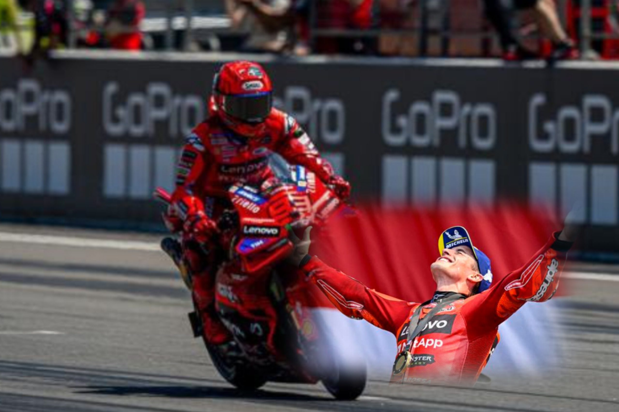 Marc Marquez dan Alex Marquez merayakan finis satu-dua di podium sprint race MotoGP Italia 2025 di Sirkuit Mugello.