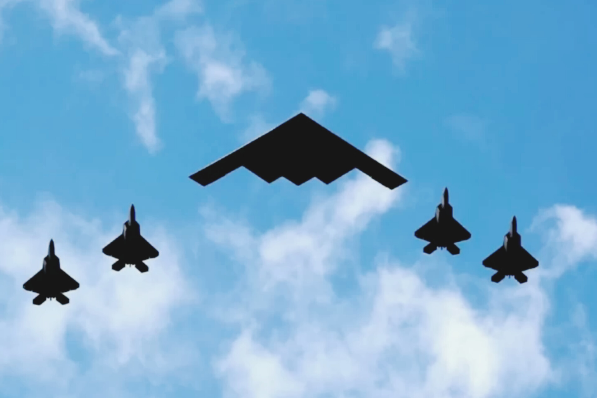 Enam pesawat pengebom siluman B-2 Spirit milik Angkatan Udara Amerika Serikat terbang dalam formasi malam hari dari Pangkalan Udara Whiteman, Missouri.