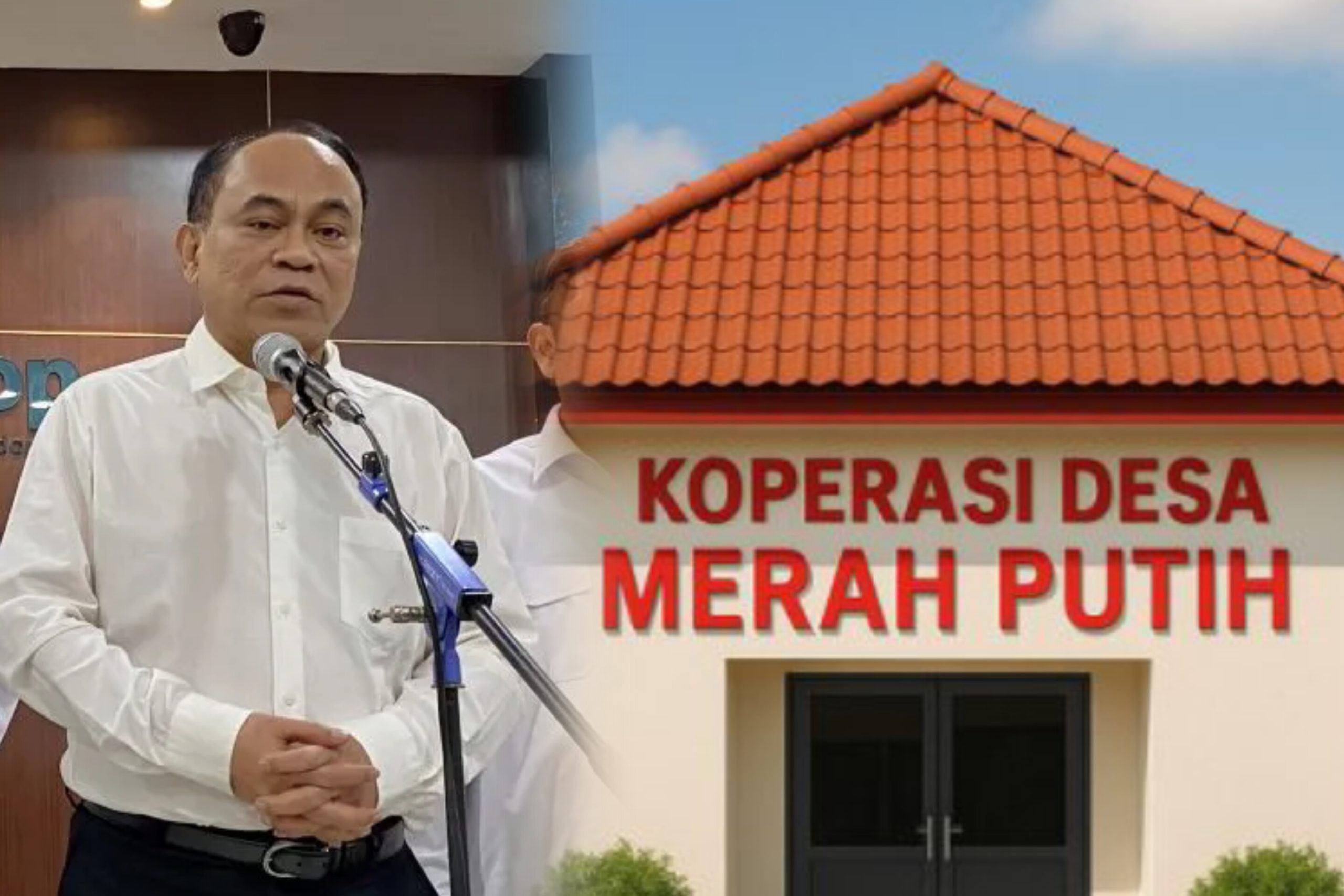 Ilustrasi tumpukan uang dan petani desa dengan latar bendera Merah Putih, menggambarkan alokasi dana besar untuk desa dan koperasi di Indonesia.