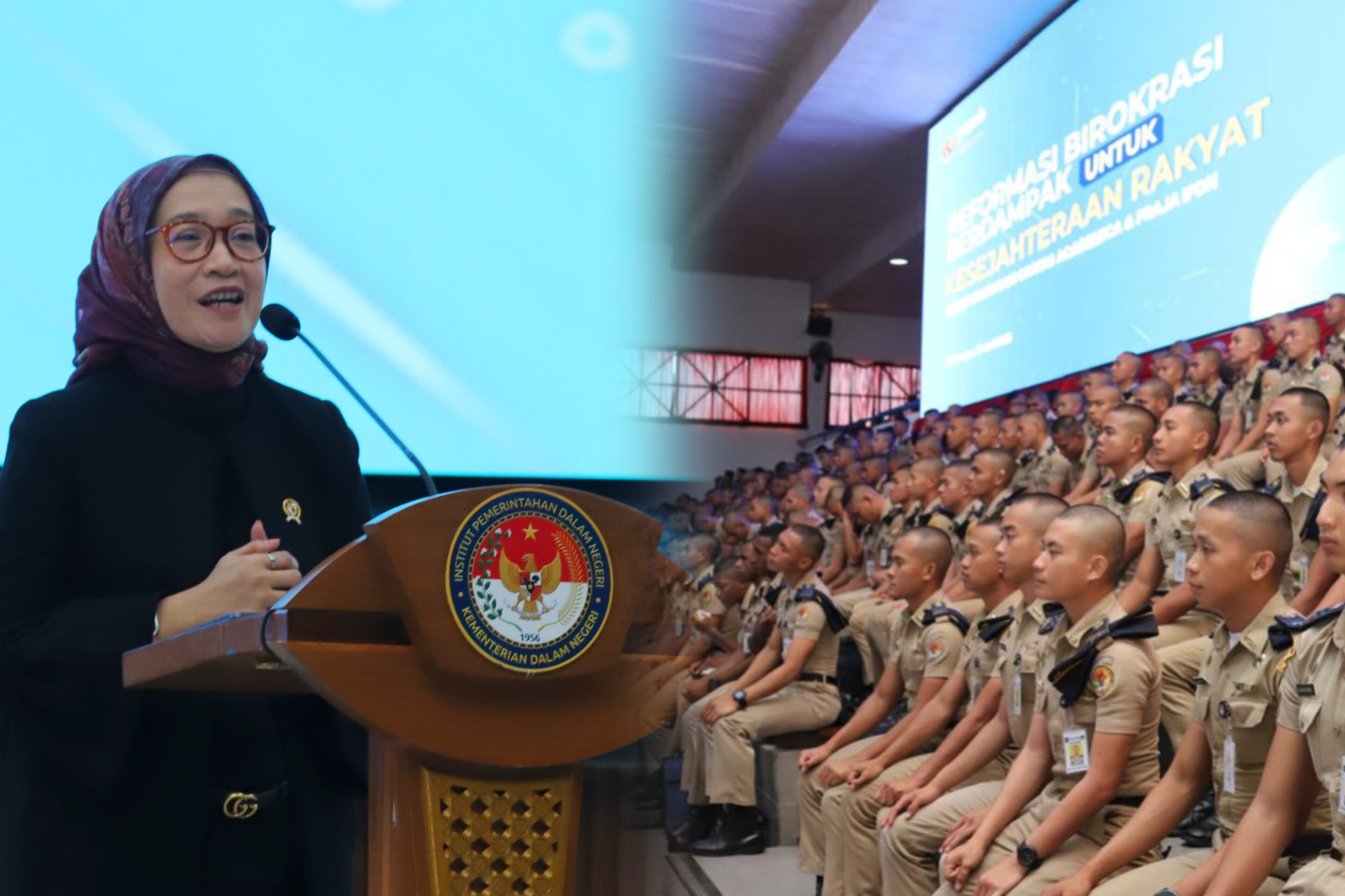 Ilustrasi seleksi sekolah kedinasan 2025 dengan peserta muda mengenakan seragam dan mengikuti ujian CAT.