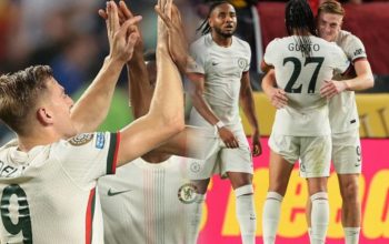 Pemain Chelsea merayakan gol ke gawang Esperance di laga Piala Dunia Antarklub 2025 di Lincoln Financial Field.