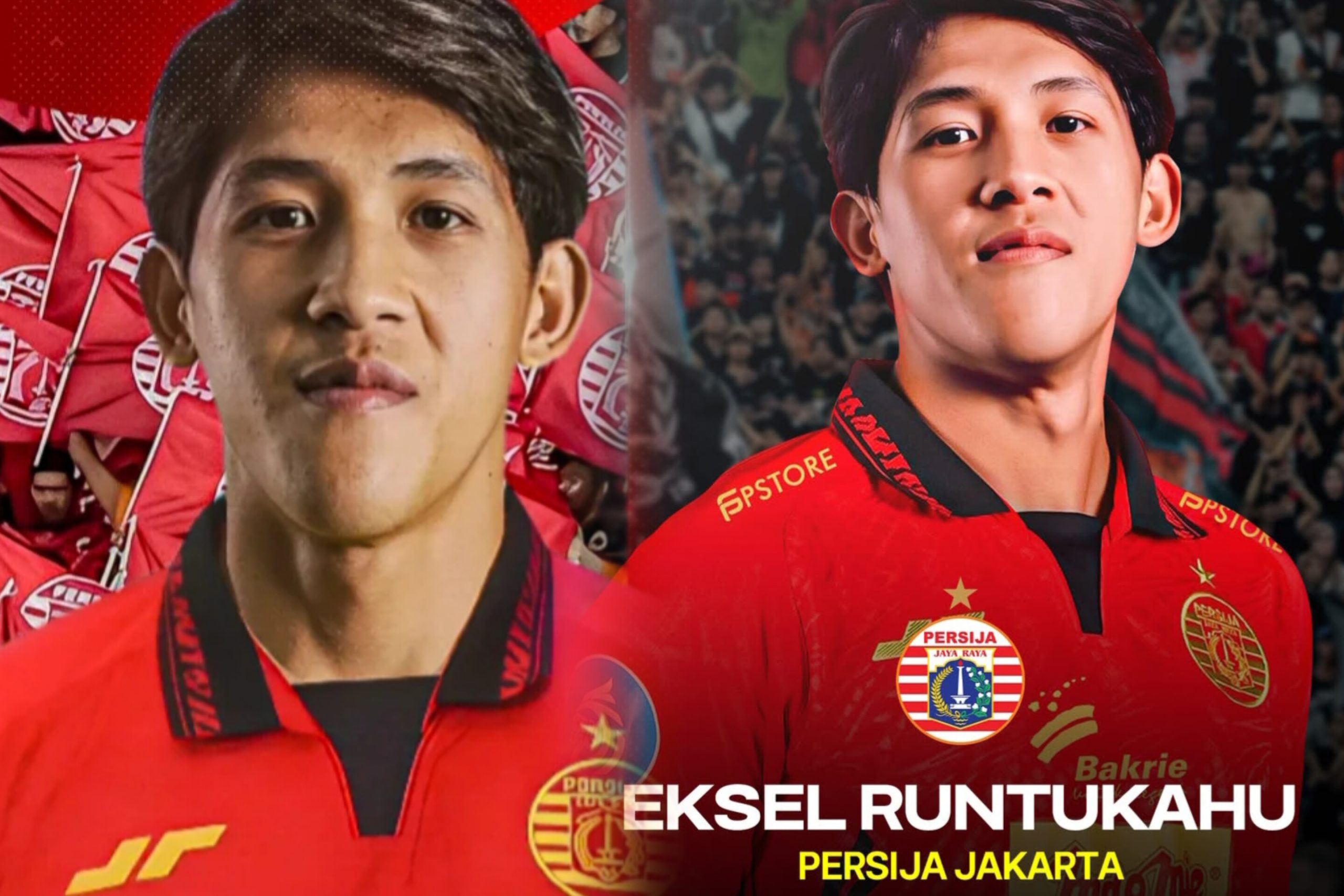 Striker baru Persija Jakarta, Eksel Runtukahu, berpose mengenakan jersey Macan Kemayoran usai resmi diperkenalkan sebagai pemain baru musim 2025/2026.