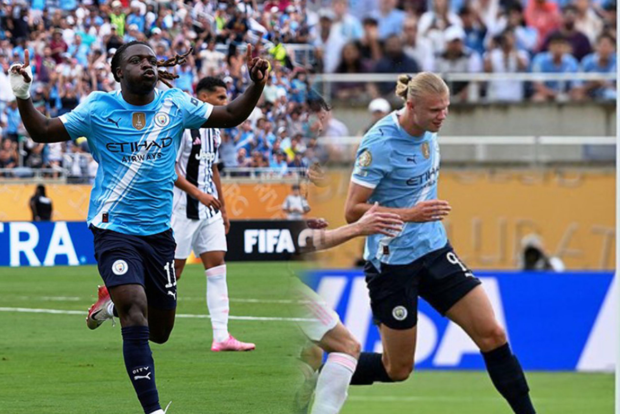 Jeremy Doku dan Phil Foden merayakan gol Manchester City ke gawang Juventus dalam laga Piala Dunia Antarklub 2025 di Stadion Camping World.