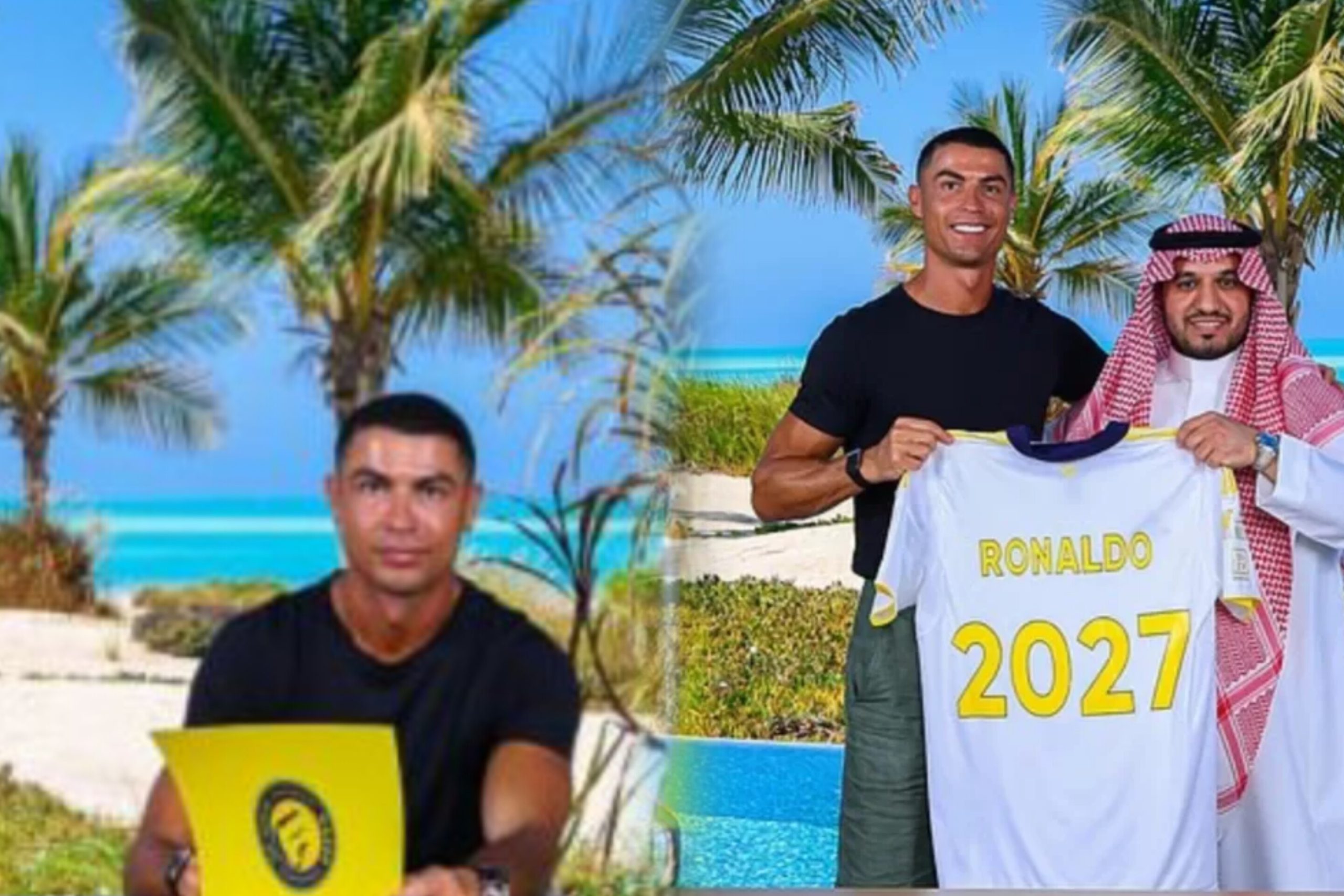 Cristiano Ronaldo mengenakan jersey Al-Nassr, merayakan perpanjangan kontrak senilai Rp9,9 triliun, rekor tertinggi dalam sejarah olahraga.