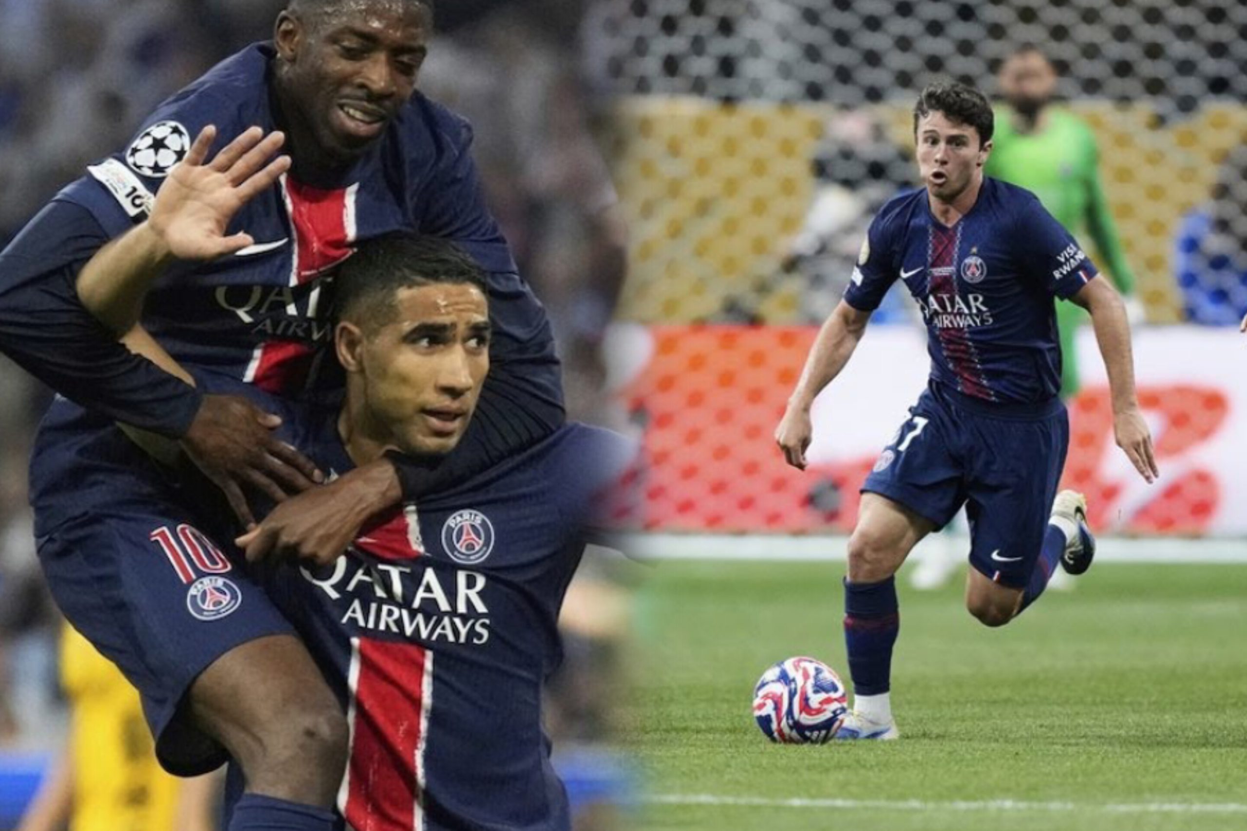 Joao Neves dan Achraf Hakimi merayakan gol untuk PSG dalam laga Piala Dunia Antarklub melawan Inter Miami di Stadion Mercedes-Benz, Atlanta.