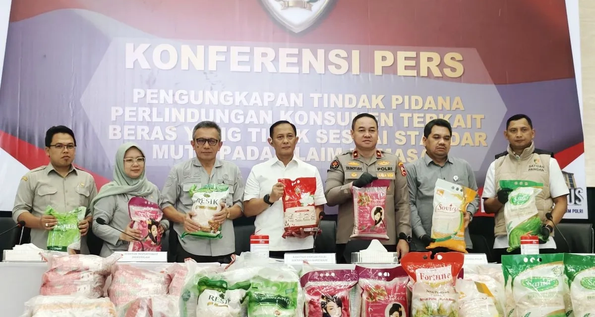 Satgas Pangan Polri sita 201 ton beras oplosan bermerek premium dari tiga produsen dalam penggerebekan di Jakarta, Serang, dan Subang.