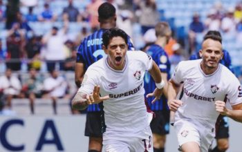 Pemain Fluminense merayakan gol ke gawang Inter Milan pada laga 16 besar Piala Dunia Antarklub FIFA 2025 di Stadion Bank of America, Charlotte.