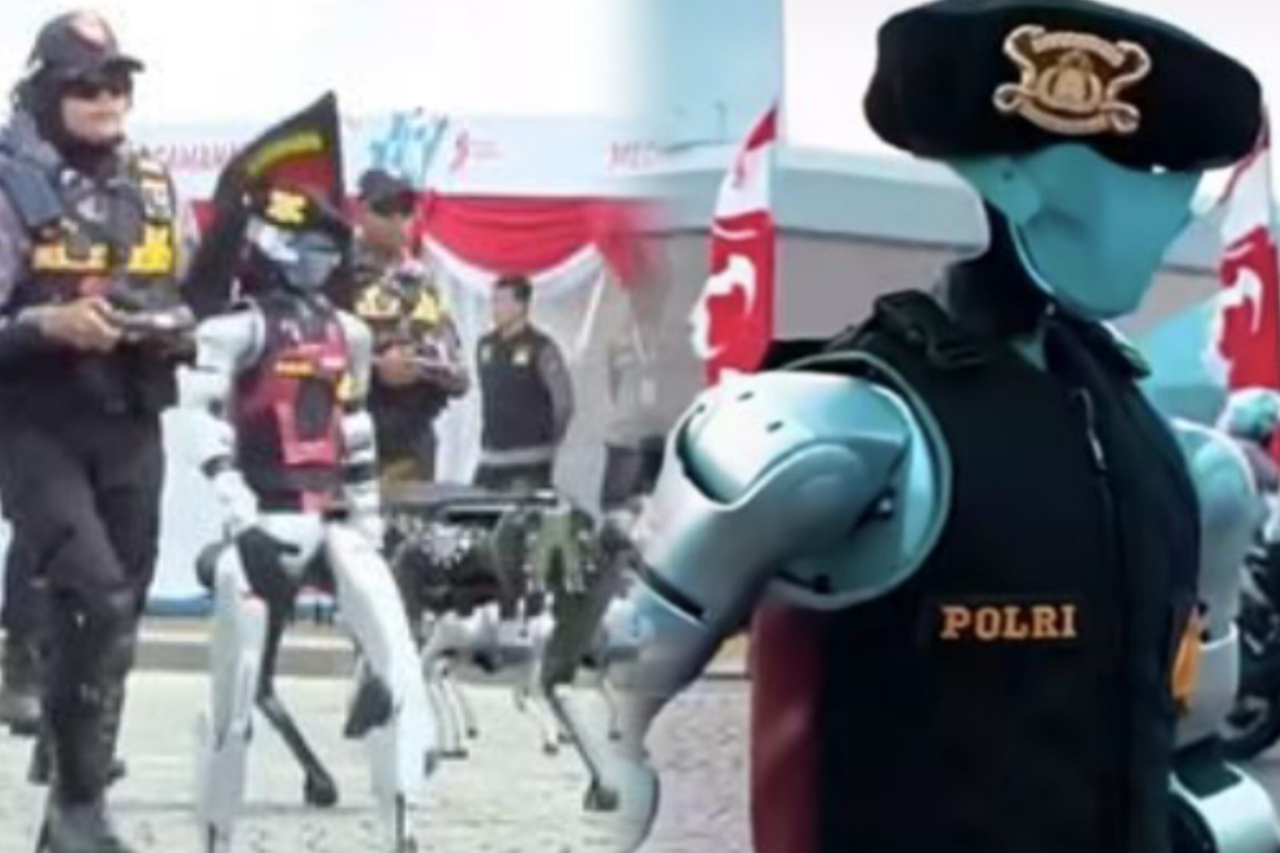 Barisan robot humanoid dan robodog milik Polri beraksi dalam parade Hari Bhayangkara ke-79 di Monas, dikelilingi penonton yang antusias.