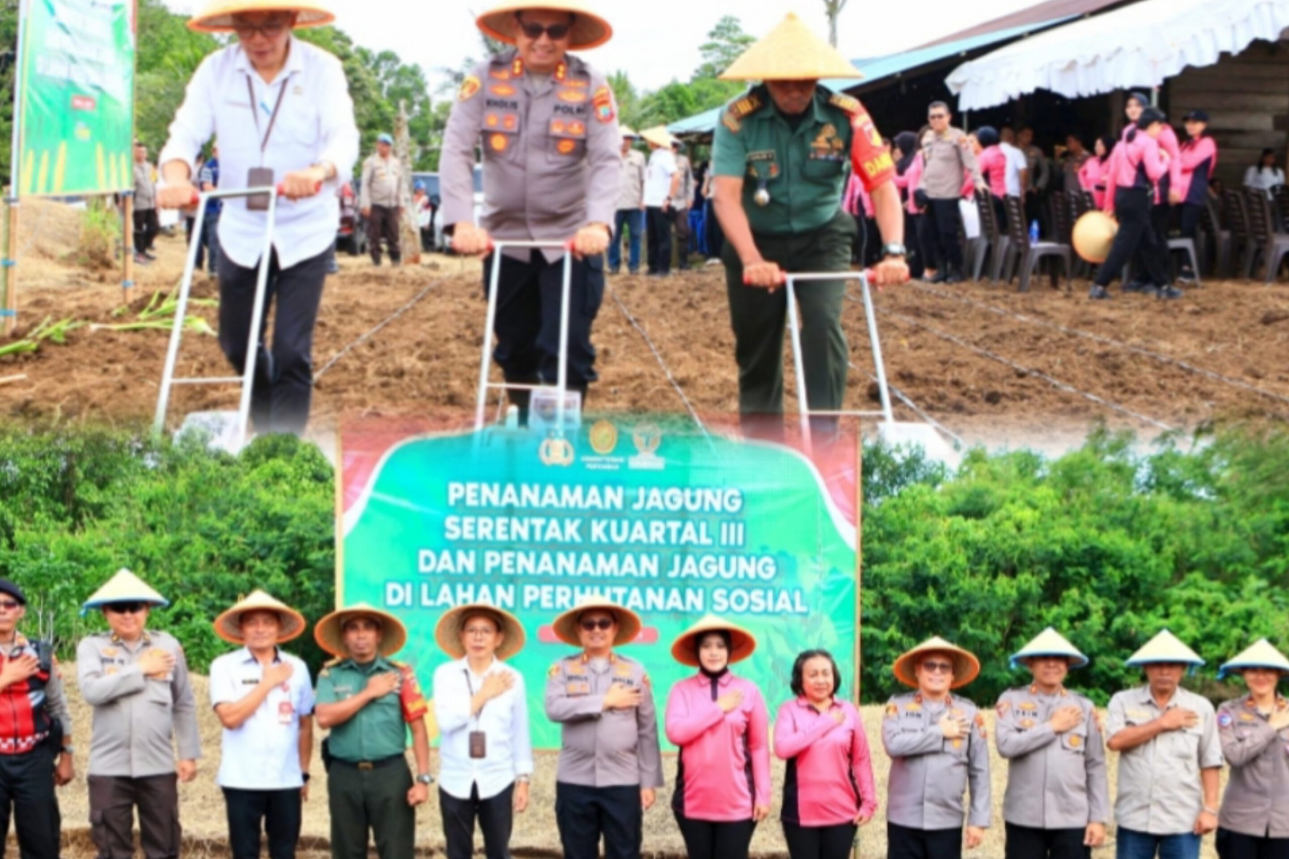 Kapolres Tomohon AKBP Nur Kholis bersama jajaran TNI, Pemkot, dan Bhayangkari menanam bibit jagung di Kelurahan Lansot, Rabu (9/7/2025).