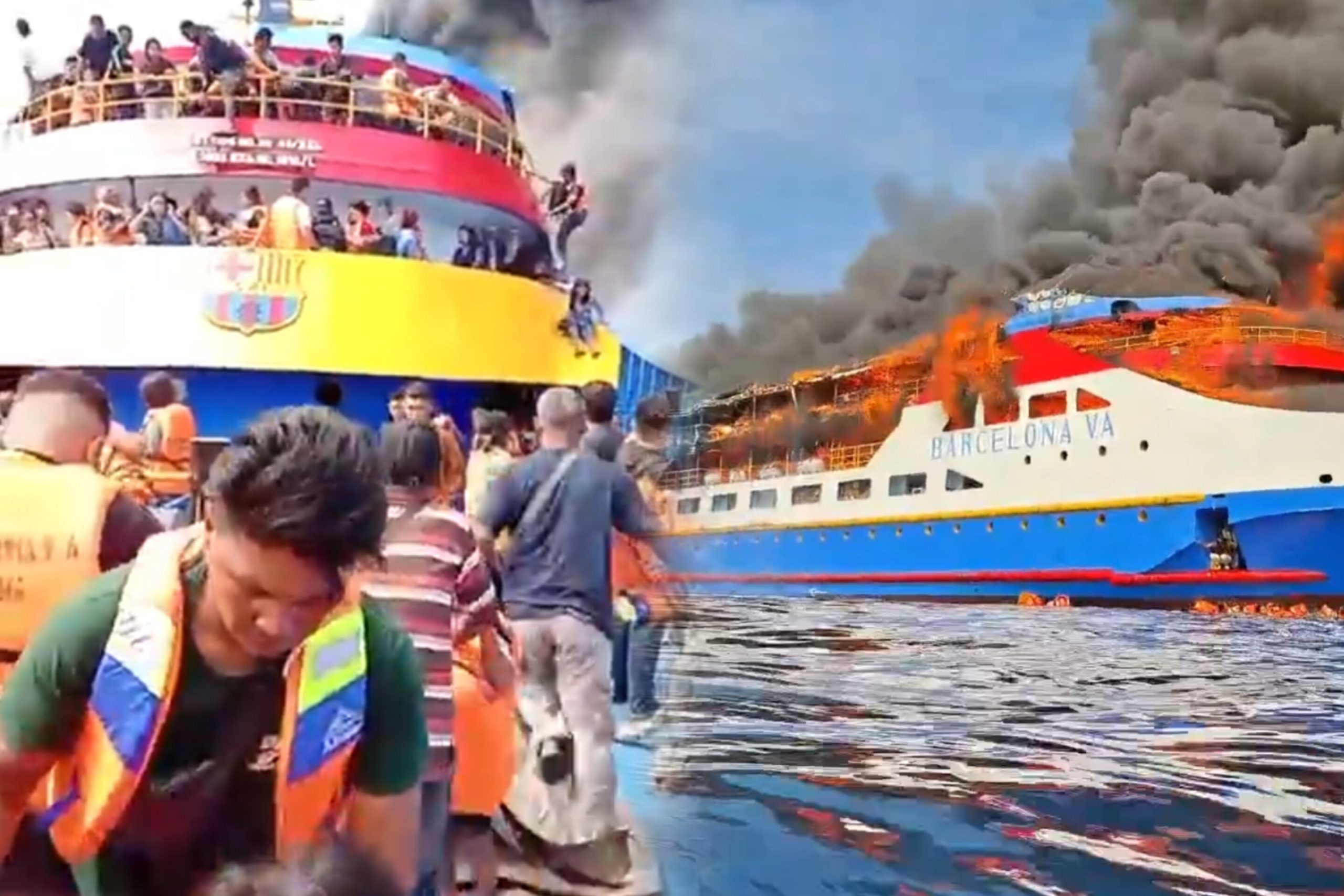Asap tebal membubung dari KM Gregorius Barcelona V.A yang terbakar di tengah laut, penumpang berteriak panik