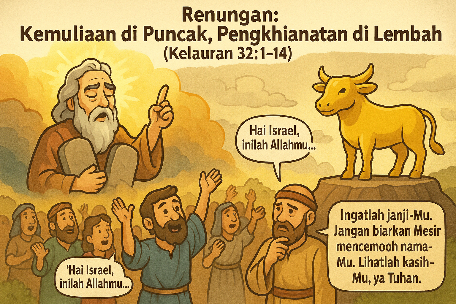 Musa menerima loh batu di puncak Gunung Sinai sementara umat Israel