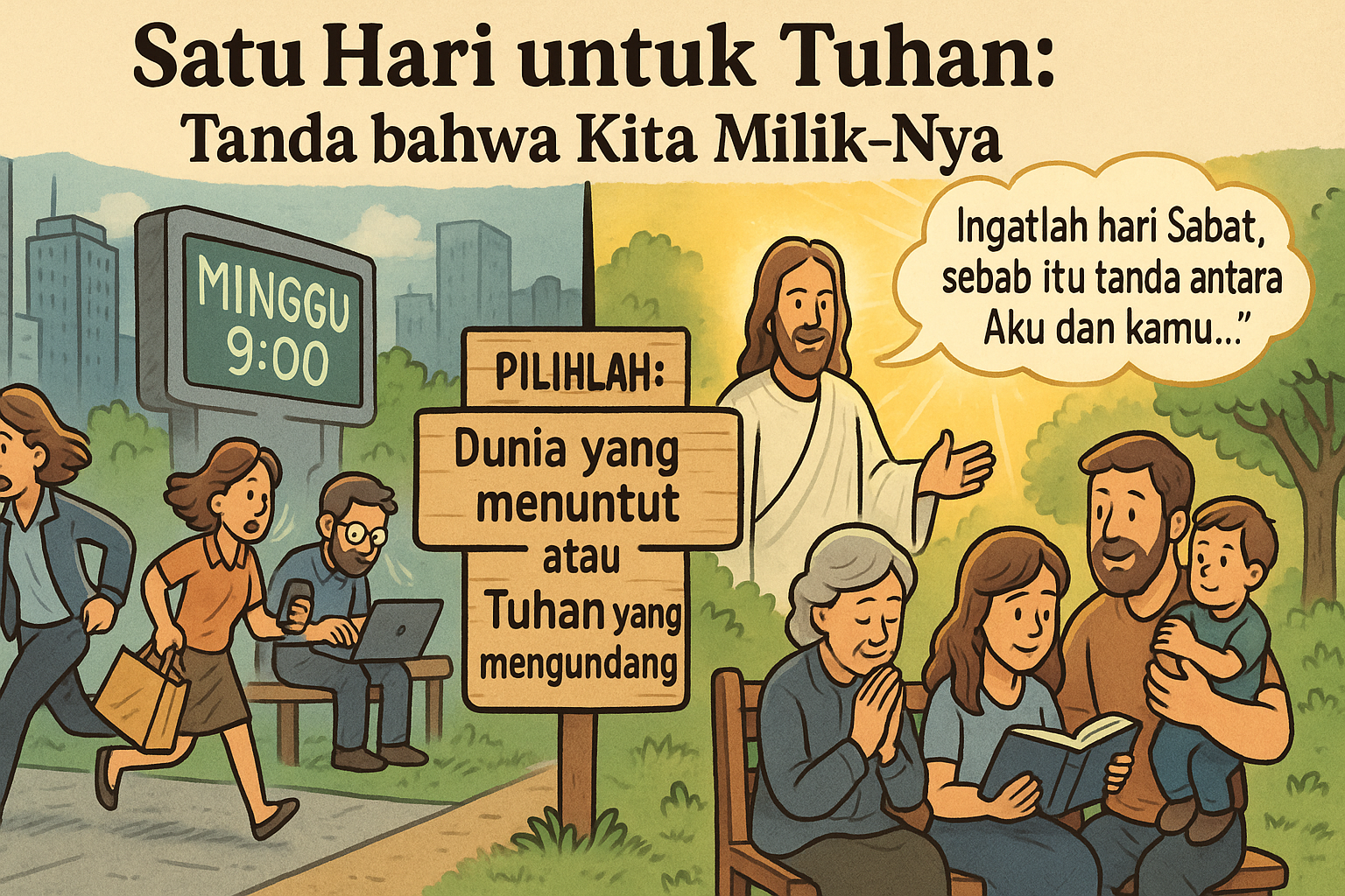 Renungan tentang pentingnya menguduskan satu hari bagi Tuhan sebagai tanda ketaatan dan pengakuan bahwa kita adalah milik-Nya, berdasarkan Kejadian 31:12–17.