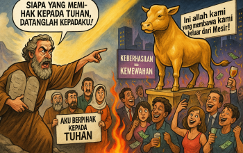 Musa berdiri di depan bangsa Israel yang menyembah anak lembu emas di kaki Gunung Sinai