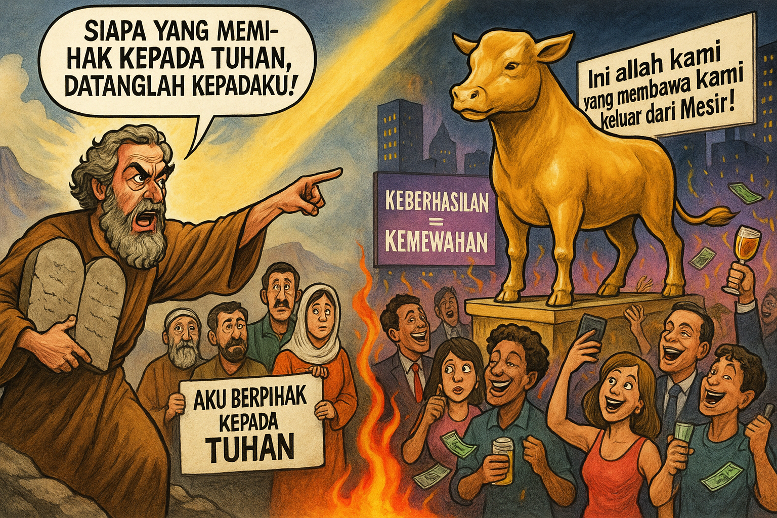 Musa berdiri di depan bangsa Israel yang menyembah anak lembu emas di kaki Gunung Sinai