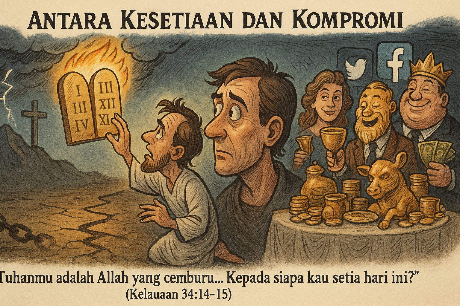 Ilustrasi tangan terangkat ke langit di hadapan gunung dengan cahaya ilahi, menggambarkan kesetiaan kepada Tuhan yang cemburu.