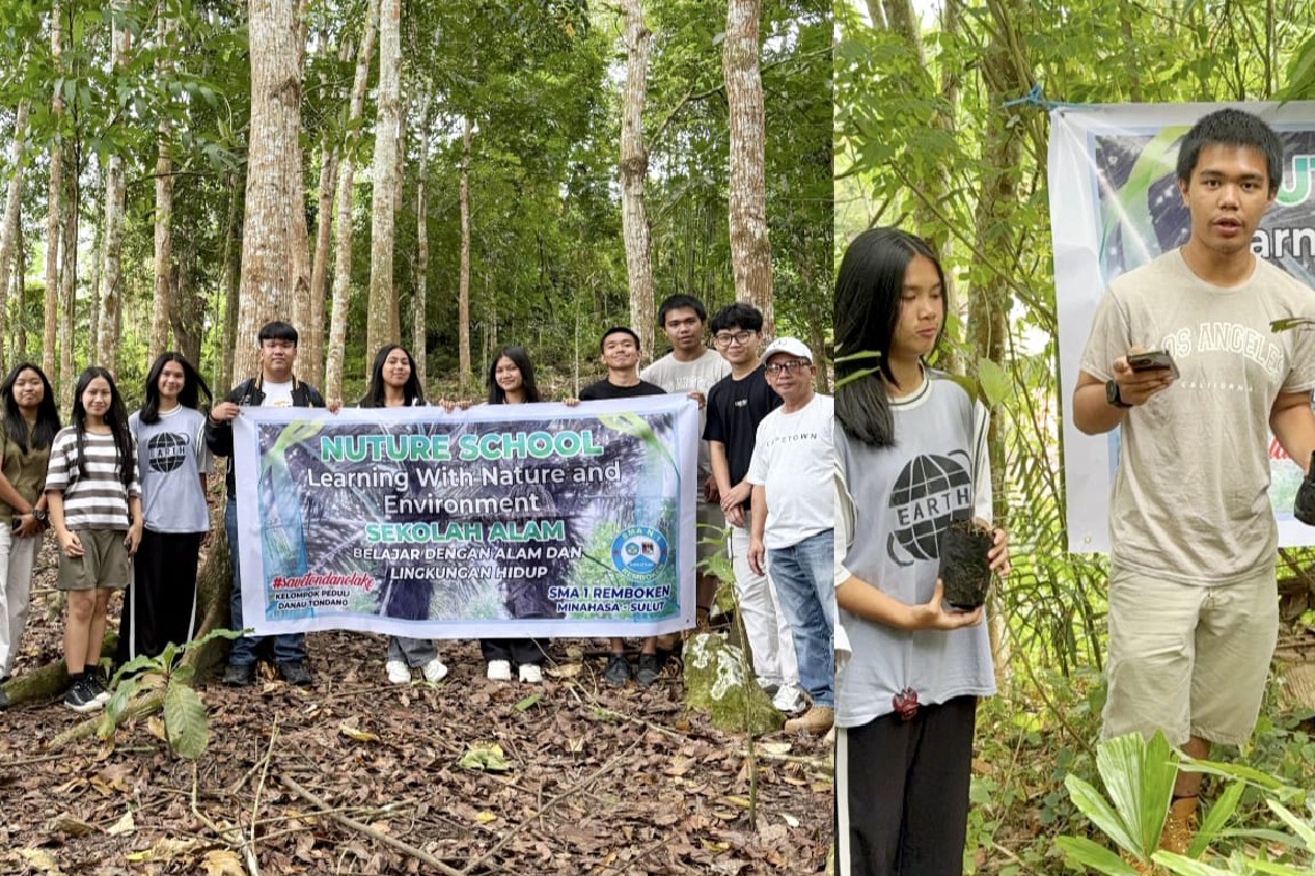 Siswa SMAN 1 Remboken bersama Amazing James Parengkuan melakukan aksi penghijauan dan edukasi lingkungan di Danau Tondano, 1-2 Agustus 2025.