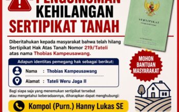 PENGUMUMAN KEHILANGAN SERTIPIKAT TANAH