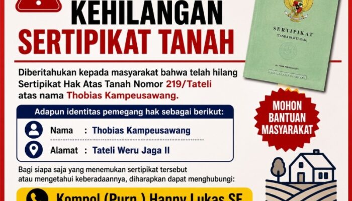 PENGUMUMAN KEHILANGAN SERTIPIKAT TANAH